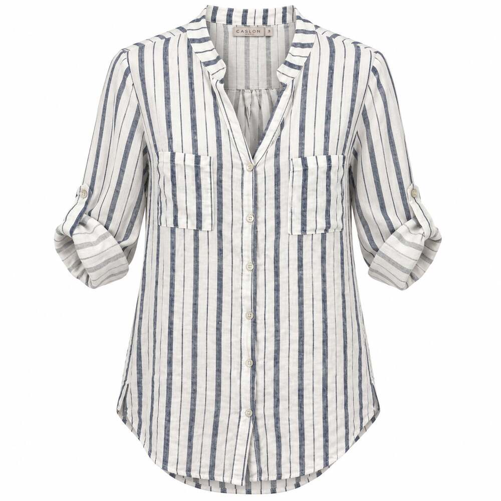 Stella Martini Linen Button Up Shirt Women Size Large White Blue Striped Italy